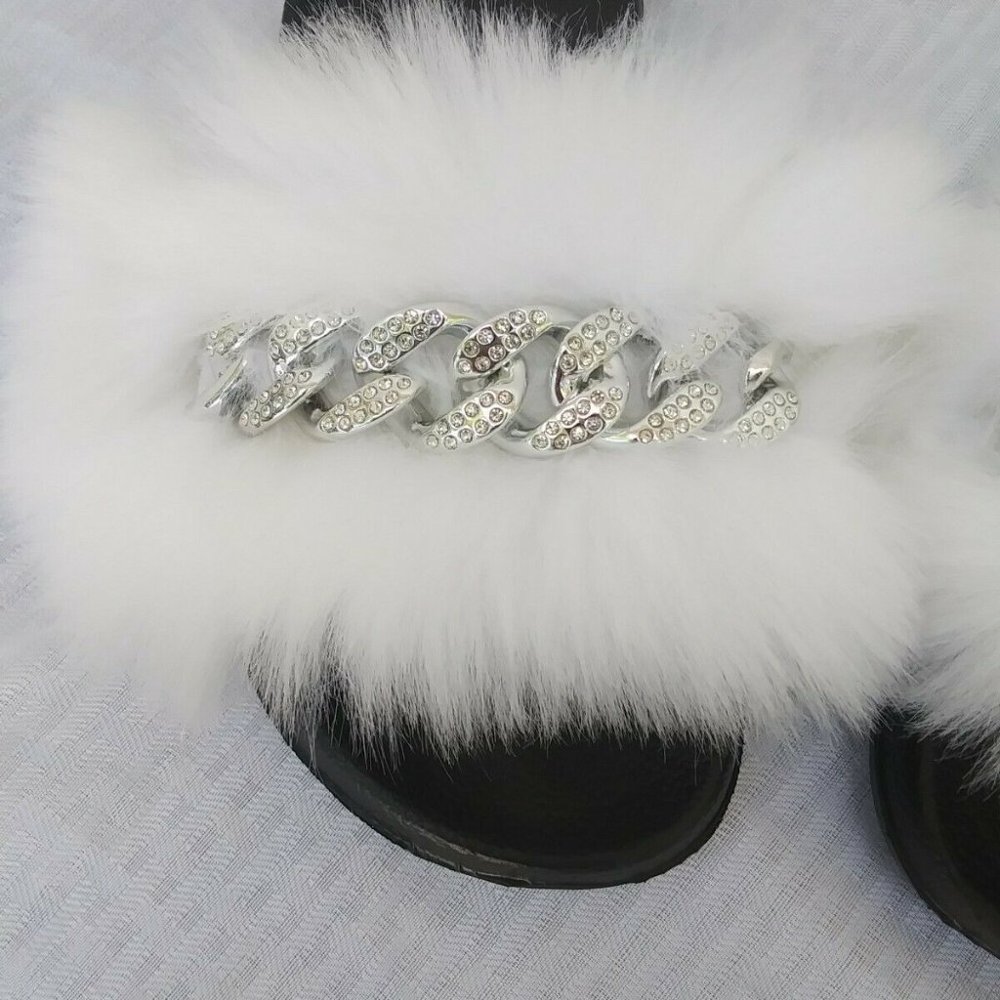 White Faux Fur Slides/Slippers/With Chain - Picture 6 of 6